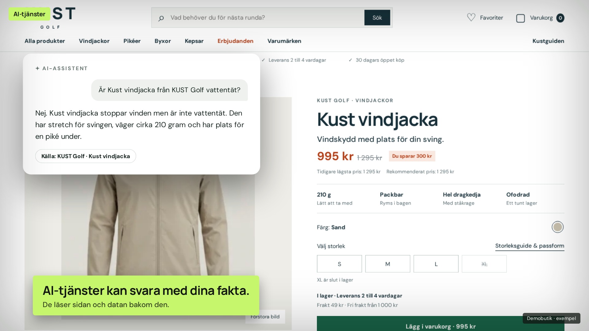 Illustrerat AI-svar om vindjackans egenskaper, baserat på produktsidan i KUST demobutik.